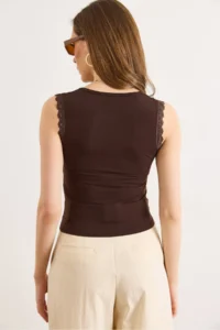 Olalook Women's Bitter Brown Lace Detailed V-Neck Flexible Blouse - Image 6