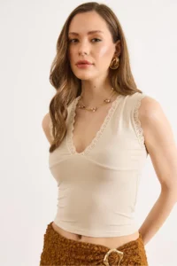 Olalook Women's Stone Lace Detailed V-Neck Flexible Blouse - Image 2