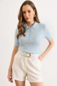 Olalook Women's Baby Blue Polo Collar Buttoned Corded Soft Blouse
