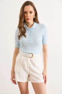 Olalook Women's Baby Blue Polo Collar Buttoned Corded Soft Blouse - Image 2