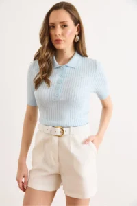 Olalook Women's Baby Blue Polo Collar Buttoned Corded Soft Blouse - Image 3
