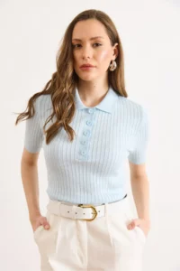 Olalook Women's Baby Blue Polo Collar Buttoned Corded Soft Blouse - Image 4