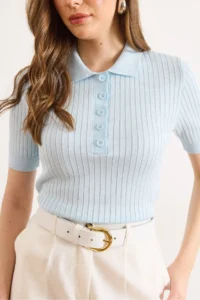 Olalook Women's Baby Blue Polo Collar Buttoned Corded Soft Blouse - Image 5