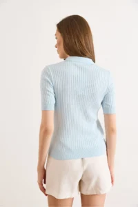 Olalook Women's Baby Blue Polo Collar Buttoned Corded Soft Blouse - Image 6