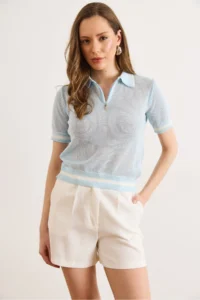 Olalook Women's Baby Blue Polo Collar Zippered Openwork Crop Knitwear Blouse - Image 2