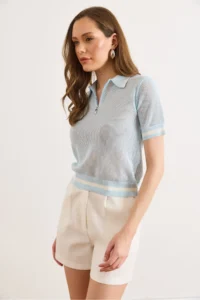 Olalook Women's Baby Blue Polo Collar Zippered Openwork Crop Knitwear Blouse - Image 3
