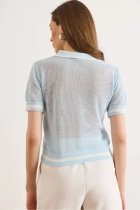 Olalook Women's Baby Blue Polo Collar Zippered Openwork Crop Knitwear Blouse - Image 6