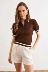 Olalook Women's Brown Polo Neck Zippered Openwork Crop Knitwear Blouse - Image 2