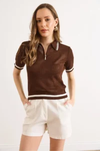 Olalook Women's Brown Polo Neck Zippered Openwork Crop Knitwear Blouse - Image 3