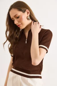Olalook Women's Brown Polo Neck Zippered Openwork Crop Knitwear Blouse - Image 4