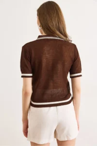 Olalook Women's Brown Polo Neck Zippered Openwork Crop Knitwear Blouse - Image 6