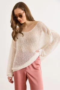 Olalook Women's White Wide Collar Openwork Loose Fit Knitwear Blouse