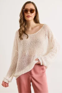 Olalook Women's White Wide Collar Openwork Loose Fit Knitwear Blouse - Image 2
