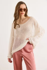 Olalook Women's White Wide Collar Openwork Loose Fit Knitwear Blouse - Image 3
