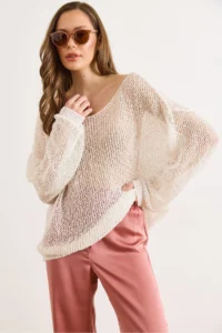 Olalook Women's White Wide Collar Openwork Loose Fit Knitwear Blouse - Image 4