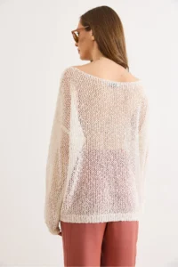 Olalook Women's White Wide Collar Openwork Loose Fit Knitwear Blouse - Image 5