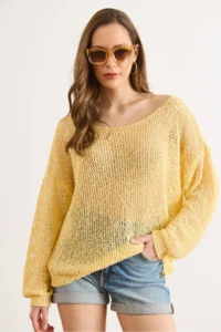 Olalook Women's Yellow Wide Collar Openwork Loose Fit Knitwear Blouse - Image 2