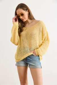Olalook Women's Yellow Wide Collar Openwork Loose Fit Knitwear Blouse - Image 3