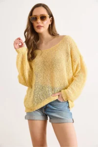 Olalook Women's Yellow Wide Collar Openwork Loose Fit Knitwear Blouse - Image 4