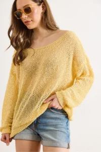 Olalook Women's Yellow Wide Collar Openwork Loose Fit Knitwear Blouse - Image 5