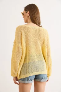 Olalook Women's Yellow Wide Collar Openwork Loose Fit Knitwear Blouse - Image 6