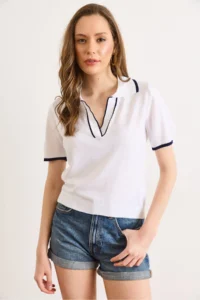 Olalook Women's White Polo Neck Color Striped Fine Knitwear Blouse - Image 2