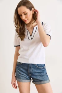 Olalook Women's White Polo Neck Color Striped Fine Knitwear Blouse - Image 3