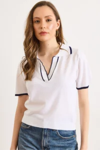 Olalook Women's White Polo Neck Color Striped Fine Knitwear Blouse - Image 4