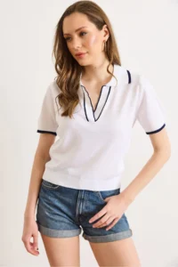 Olalook Women's White Polo Neck Color Striped Fine Knitwear Blouse - Image 5