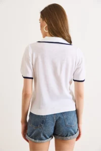 Olalook Women's White Polo Neck Color Striped Fine Knitwear Blouse - Image 6