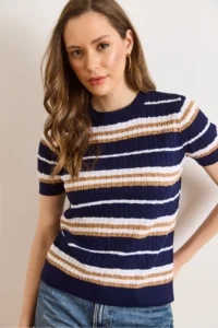 Olalook Women's Navy Blue Crew Neck Hair Knitted Striped Knitwear Blouse