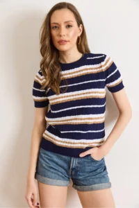 Olalook Women's Navy Blue Crew Neck Hair Knitted Striped Knitwear Blouse - Image 2