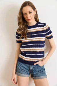 Olalook Women's Navy Blue Crew Neck Hair Knitted Striped Knitwear Blouse - Image 3