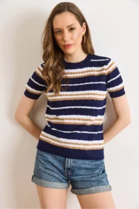 Olalook Women's Navy Blue Crew Neck Hair Knitted Striped Knitwear Blouse - Image 4