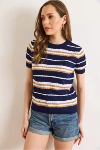 Olalook Women's Navy Blue Crew Neck Hair Knitted Striped Knitwear Blouse - Image 5