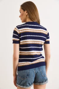 Olalook Women's Navy Blue Crew Neck Hair Knitted Striped Knitwear Blouse - Image 6