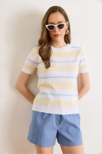 Olalook Women's White Crew Neck Hair Knitted Striped Knitwear Blouse - Image 2