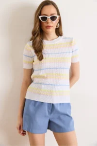 Olalook Women's White Crew Neck Hair Knitted Striped Knitwear Blouse - Image 3