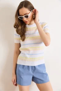 Olalook Women's White Crew Neck Hair Knitted Striped Knitwear Blouse - Image 4