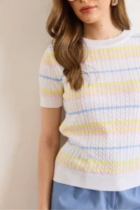 Olalook Women's White Crew Neck Hair Knitted Striped Knitwear Blouse - Image 5