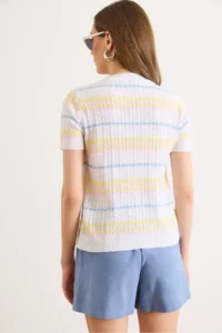 Olalook Women's White Crew Neck Hair Knitted Striped Knitwear Blouse - Image 6