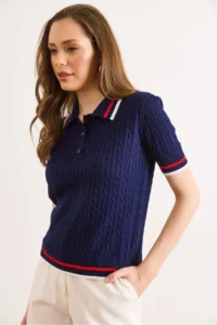 Olalook Women's Navy Blue Polo Collar Hair Braid Line Detailed Fine Knitwear Blouse - Image 2