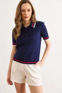 Olalook Women's Navy Blue Polo Collar Hair Braid Line Detailed Fine Knitwear Blouse - Image 3