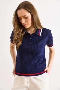Olalook Women's Navy Blue Polo Collar Hair Braid Line Detailed Fine Knitwear Blouse - Image 4