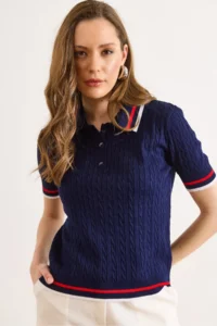 Olalook Women's Navy Blue Polo Collar Hair Braid Line Detailed Fine Knitwear Blouse - Image 5