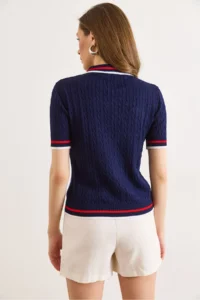 Olalook Women's Navy Blue Polo Collar Hair Braid Line Detailed Fine Knitwear Blouse - Image 6