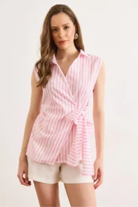 Olalook Women's White Pink Side Tie Detailed Striped Double Breasted Blouse - Image 2