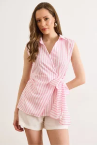 Olalook Women's White Pink Side Tie Detailed Striped Double Breasted Blouse - Image 3