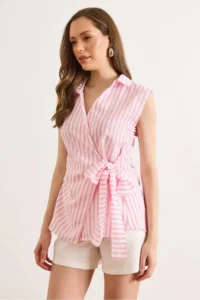 Olalook Women's White Pink Side Tie Detailed Striped Double Breasted Blouse - Image 4