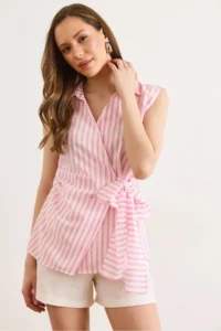 Olalook Women's White Pink Side Tie Detailed Striped Double Breasted Blouse - Image 5